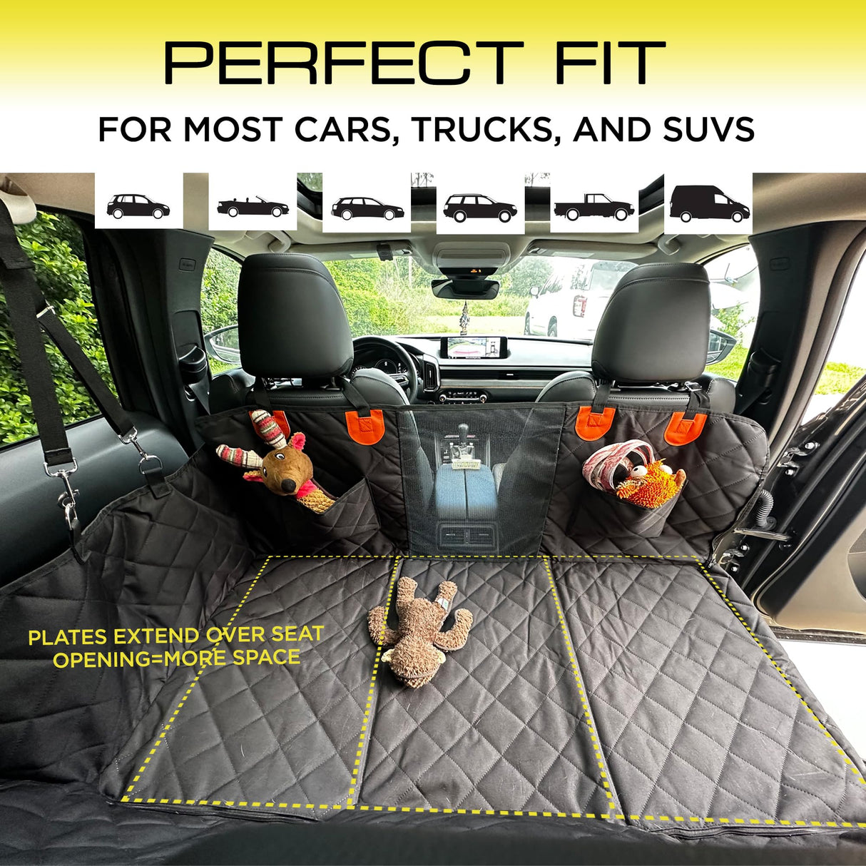 ENDURTEK Dog Car Seat Cover for Back Seat | Universal Hard Bottom Back Seat Extender for Car, Truck, SUV | Waterproof Cargo and Truck Bed Protector Hammock with Storage Pockets for Medium & Large Dogs