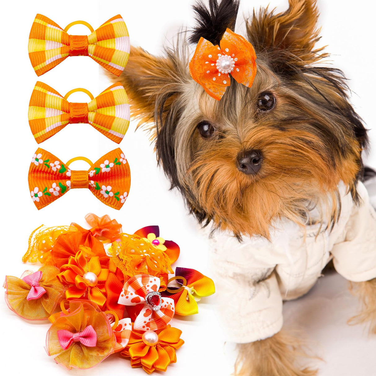 Mruq pet 100pcs Fall Pet Small Dog Hair Bows with Rubber Bands, Bulk Thanksgiving Orange Puppy Dog Grooming Bows, Handmade Pearl and Rhinestones Yorkie Dog Bows for Festival Dog Hair Accessories