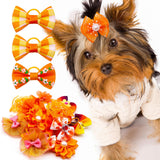 Mruq pet 100pcs Fall Pet Small Dog Hair Bows with Rubber Bands, Bulk Thanksgiving Orange Puppy Dog Grooming Bows, Handmade Pearl and Rhinestones Yorkie Dog Bows for Festival Dog Hair Accessories