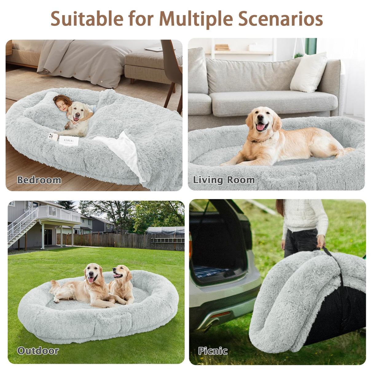 ROOMTEC Human Dog Bed, 71''x45''x12'' Size Fits Adult and Pet Washable Giant People Bed 10 CM Thick Memory Foam Large Oversize Pet Bed with Plump Pillow, Blanket, Strap - Grey
