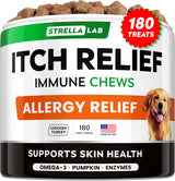 StrellaLab Dog Allergy Relief & Anti Itch Support Chews w/Omega 3, Pumpkin, Enzymes & Turmeric: Real Ingredients, Real Taste! Skin & Coat Immune Supplement w/Fish Oil - Made in USA - 180Ct - Chicken
