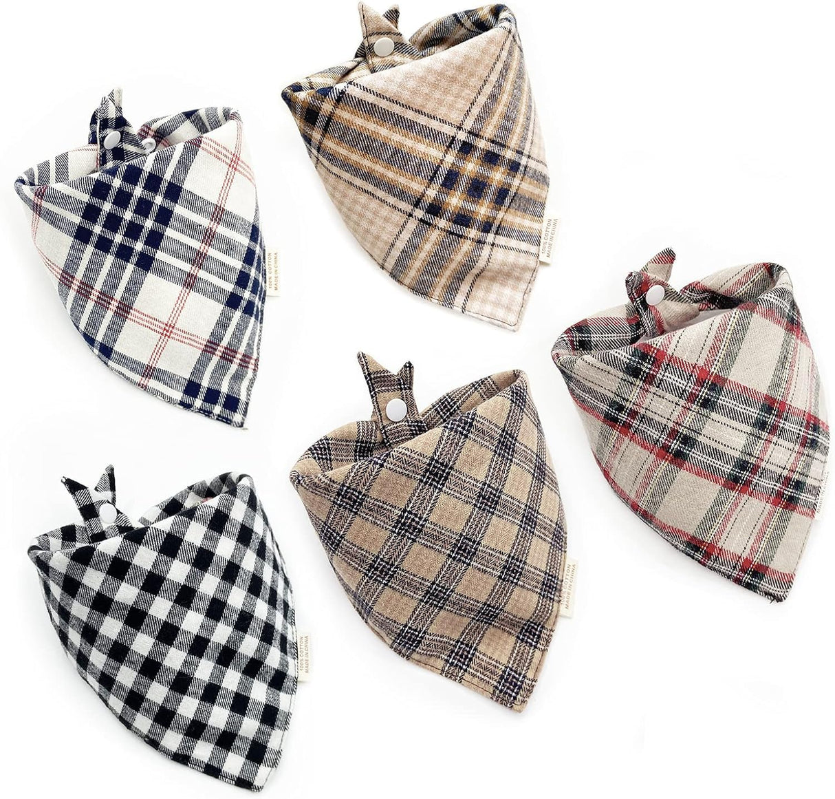Spring 5PCS Dog Bandanas with Buttons - Thick Triangle Bibs Dual Layer Soft Cotton Scarf for Small Medium Large Boy Girl Puppy Cat Pet Plaid Kerchief Costumes Outfits