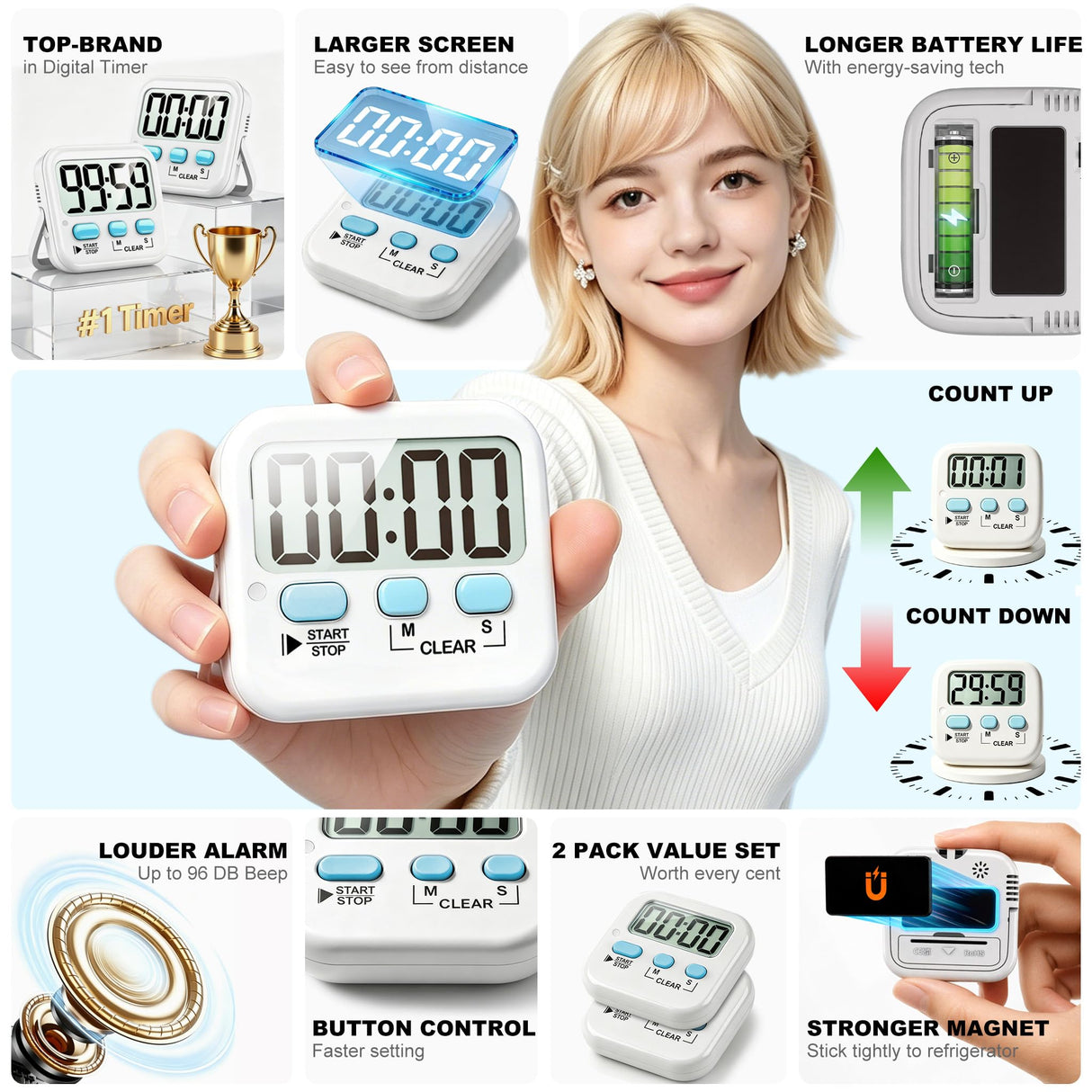 2 Pack Digital Timer for Kids, Magnetic Countdown Kitchen Timers for Cooking, Egg, Classroom, Teacher, Exercise, Study, Oven - Battery Included