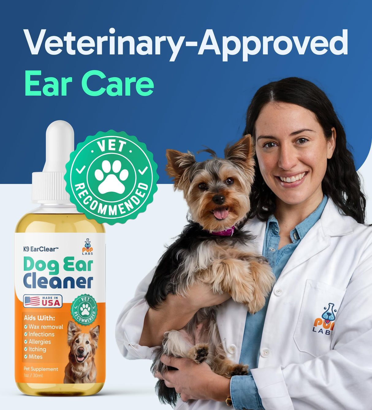 Pup Labs Ear Clear, Natural Dog Ear Cleaner and Infection Treatment for Dogs, Dog Drops for Itching, Irritation, & Wax Build-Up, 1 oz Bottle with Dropper