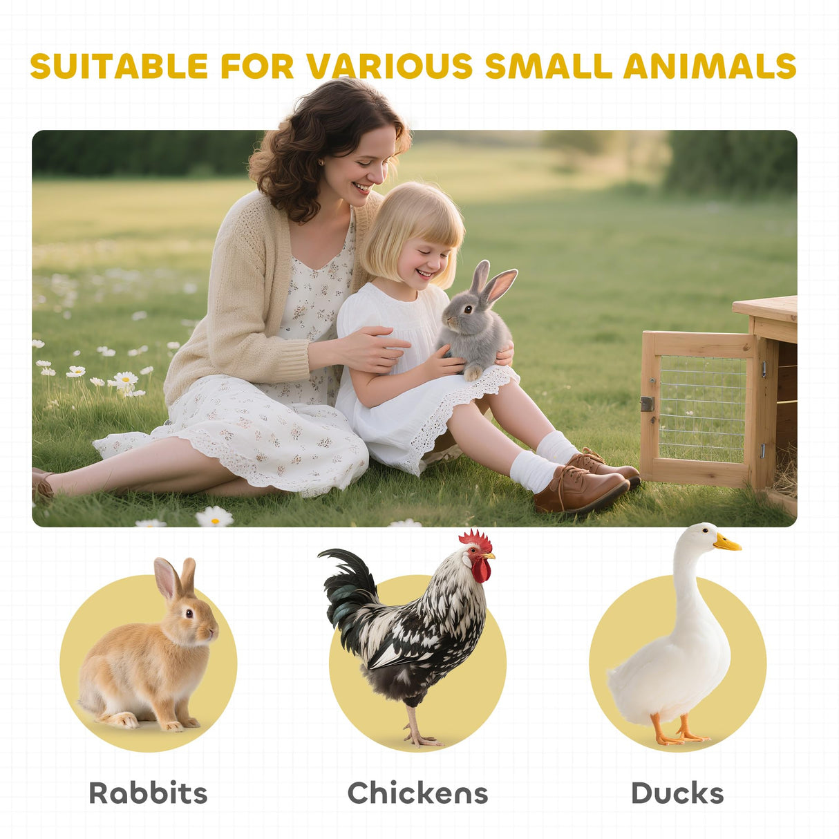 PawHut Rabbit Hutch Elevated Bunny Cage Small Animal Habitat with Metal Frame, No Leak Tray, Metal Wire Pan, Openable Water-Resistant Asphalt Roof for Rabbits, Chickens, Ducks, Indoor/Outdoor Natural