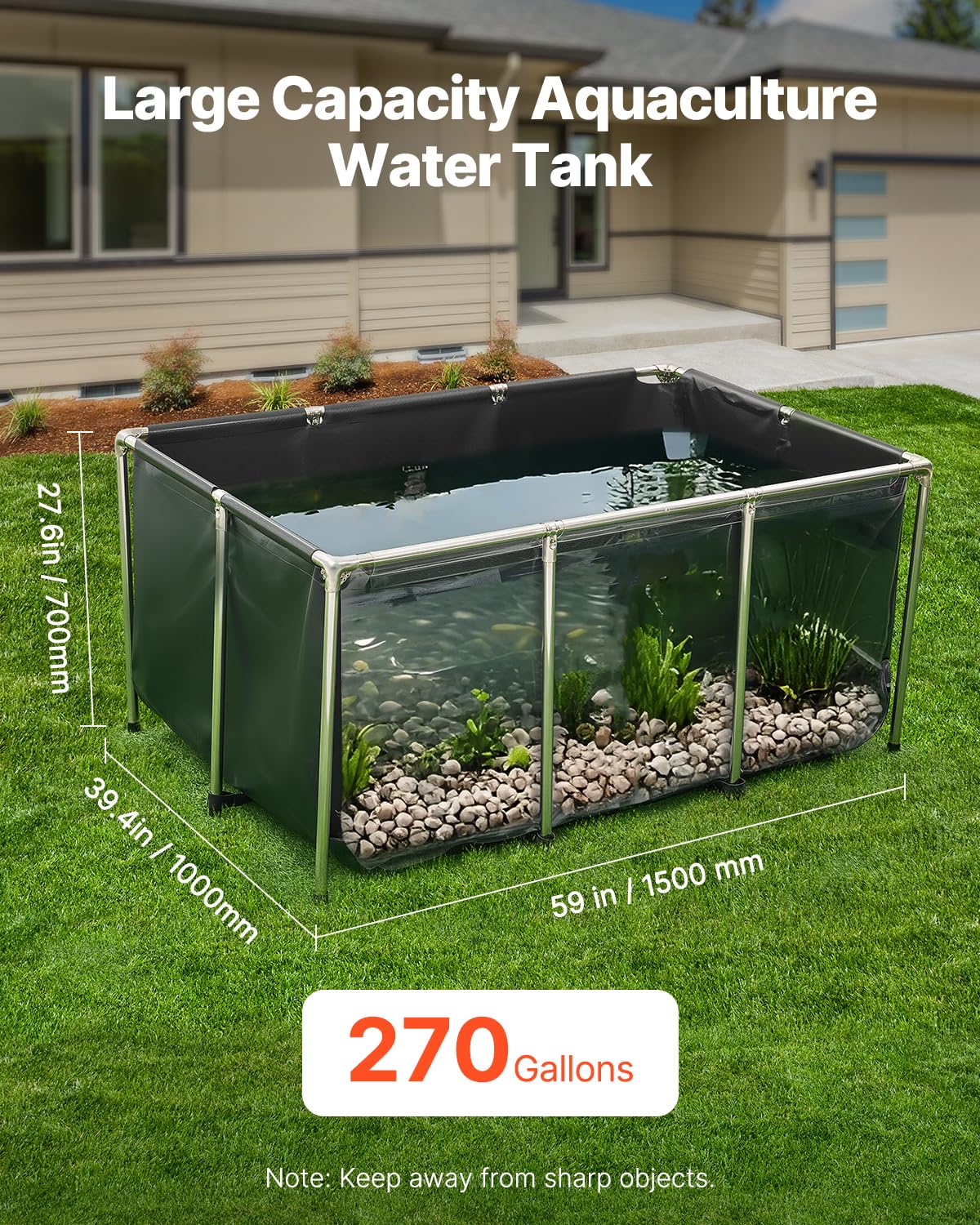 VEVOR Canvas Fish Pond, 270 Gal Above Ground Fish Pond, PVC Koi Tank with Clear Viewing Panel, Rectangular Goldfish Tank with Stainless Steel Frame & Drain Valve, for Breeding Koi, Irrigation(Black)