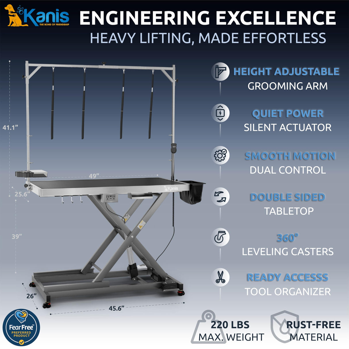 KANIS Professional Electric Dog Grooming Table - Heavy Duty, Height Adjustable Pet Grooming Table w/Leveling Wheels, Dog Grooming Arm, Anti Slip Tabletop & Tool Organizer (Grey, 49")