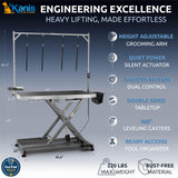 KANIS Professional Electric Dog Grooming Table - Heavy Duty, Height Adjustable Pet Grooming Table w/Leveling Wheels, Dog Grooming Arm, Anti Slip Tabletop & Tool Organizer (Grey, 49")