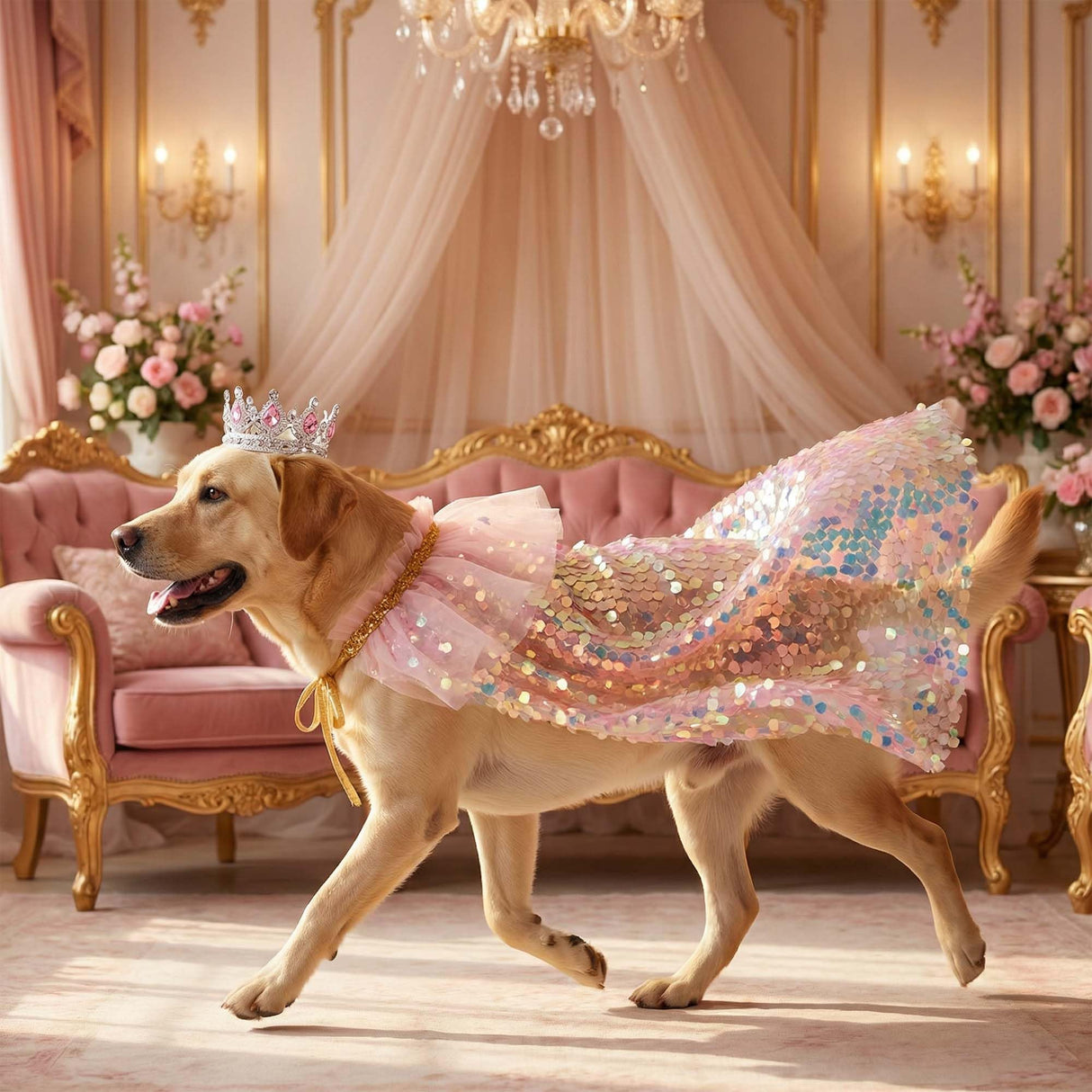 FLAdorepet Dog Princess Dress Costume with Rhinestones Crown,Pet Cat Cape Cloak Birthday Party Wedding Dress Up Outfits,Rainbow Mermaid Halloween Costume Clothes for Small Medium Large Dogs, Large