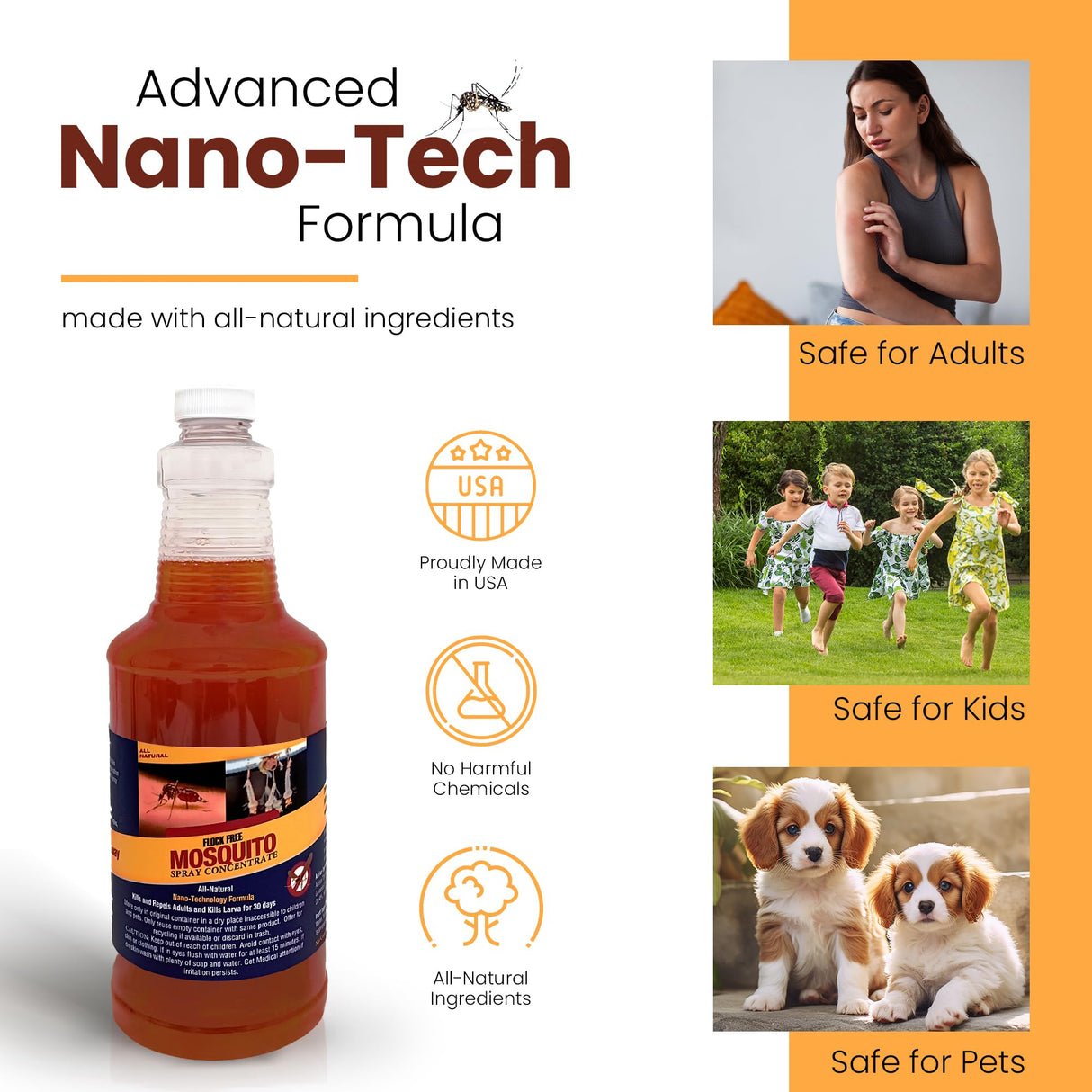 Flock Free Natural Mosquito Control Spray Concentrate, Repels Mosquitoes, Ticks, Fleas, Flies, Gnats, and Chiggers Away. Makes up to 32 Gallons! (32 oz Concentrate)