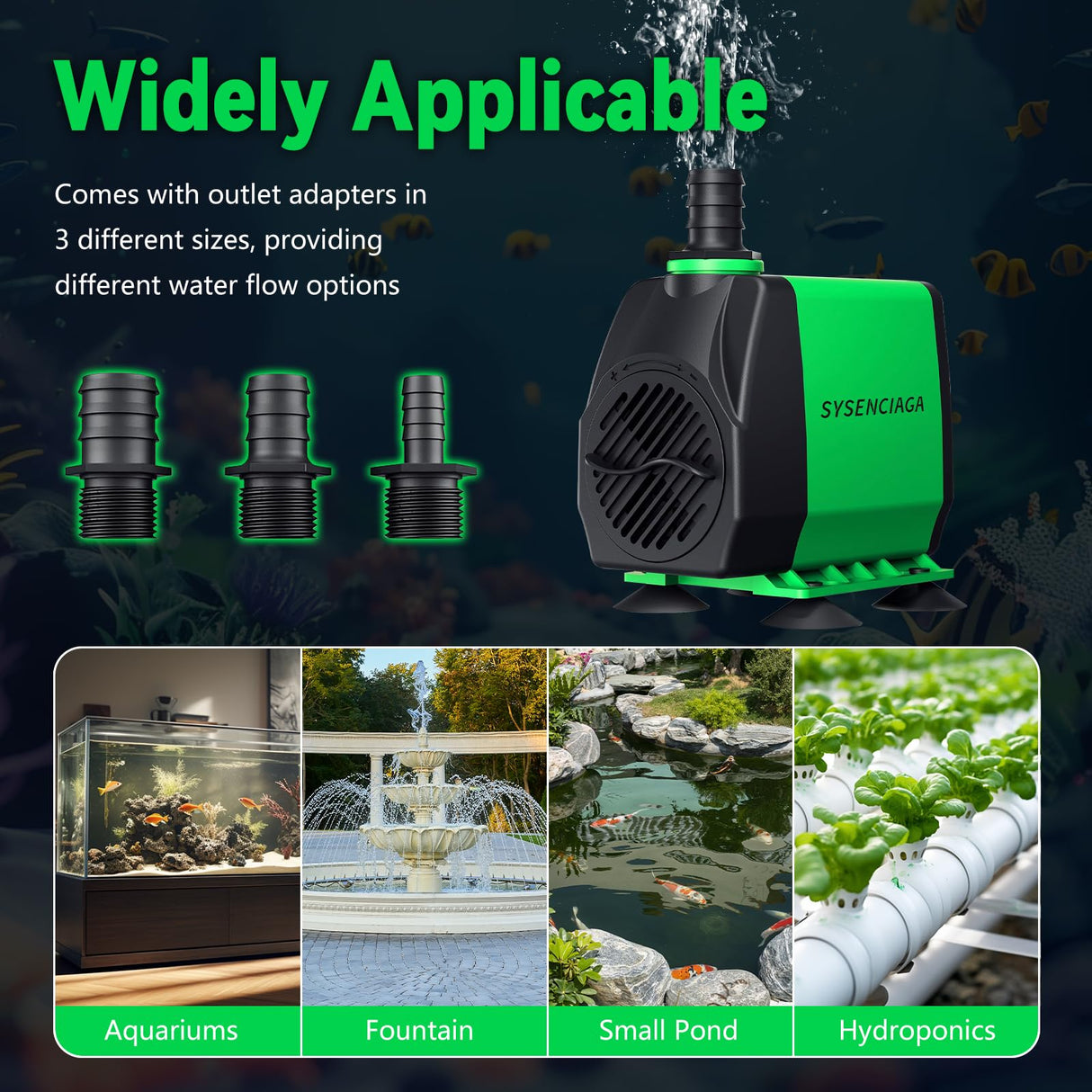 40W Fountain Submersible Water Pump, 1000GPH Adjustable Ultra Quiet Aquarium Pump, Small Pond Pump with 3 Nozzles, 10.5ft High Lift for Small Pond, Fish tank, Waterfall, Outdoor, Hydroponics