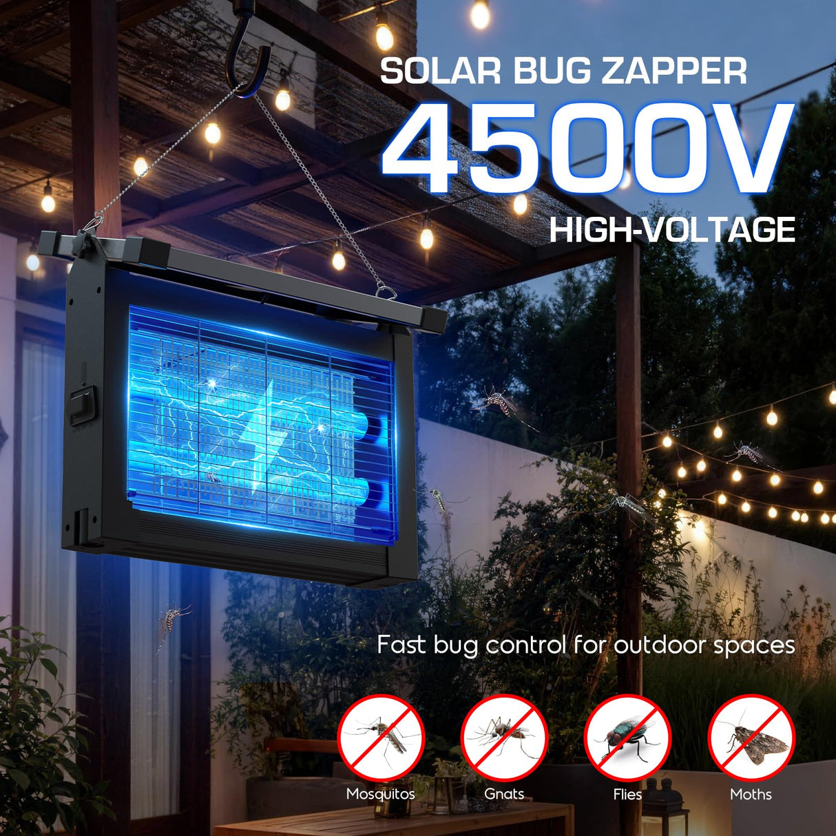 Solar Bug Zapper Outdoor Waterproof, 4500V High Power Cordless Mosquito Zapper with Smart Light Sensor, Dual Solar & USB Rechargeable Insect Killer for Patio, Garden, Backyard, Indoor & Outdoor Use
