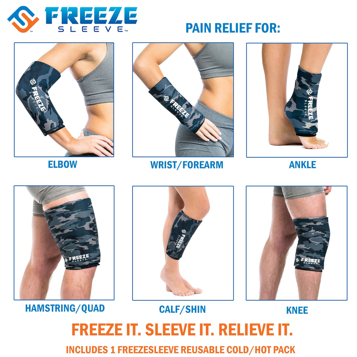 FreezeSleeve Ice & Heat Therapy Sleeve- Reusable, Flexible Gel Hot/Cold Pack, 360 Coverage for Knee, Elbow, Ankle, Wrist- Blue Camo, 2X-Large