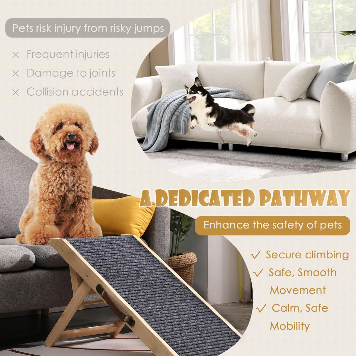Wooden Foldable Dog Ramp Portable Pet Ramp,Car Ramp with Built-in Handle for Travel, 4 Adjustable Heights 9.8" to 18.1" for Small Dogs