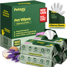 Load image into Gallery viewer, Petazy 400 Dog Wipes for Paws and Butt Ears Eyes | XL 8X8 Organic Pet Wipes for Dogs | Lavender Scent Dog Wipes Cleaning Deodorizing | Extra Thick Paw Wipes for Dogs Cats Pets | +4 Bonus Glove Wipes
