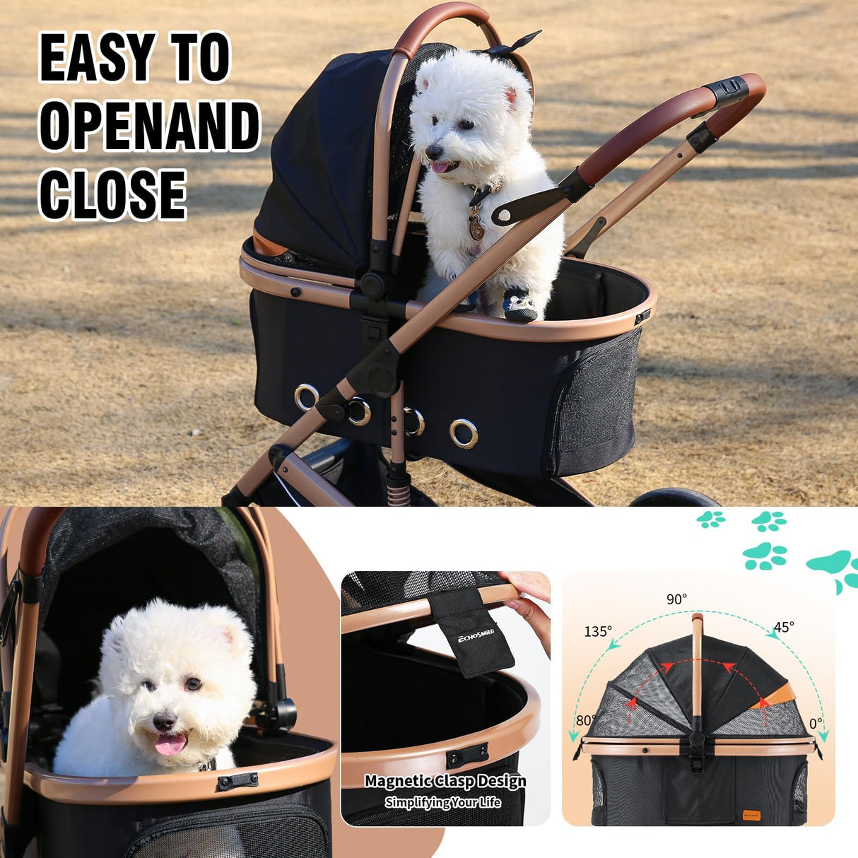 EchoSmile 4 in 1 Pet Stroller, Folding Lightweight Cat & Dog Stroller with Detachable Carrier, NO-Zip 180° Reversible Canopy, All Terrain 4-Wheel,45 lbs Capacity for Small to Medium Dogs