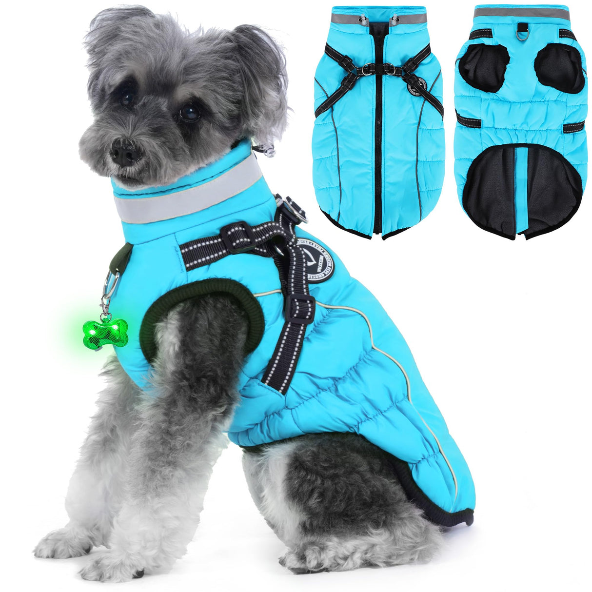 HezzLuv Waterproof Dog Jacket with Built-in Harness, Winter Snow Dog Warm Coat for Small, Medium Dogs, Cold Weather Cozy Vest Clothes with Luminous Pendant and Reflective Strips, Adjustable Straps