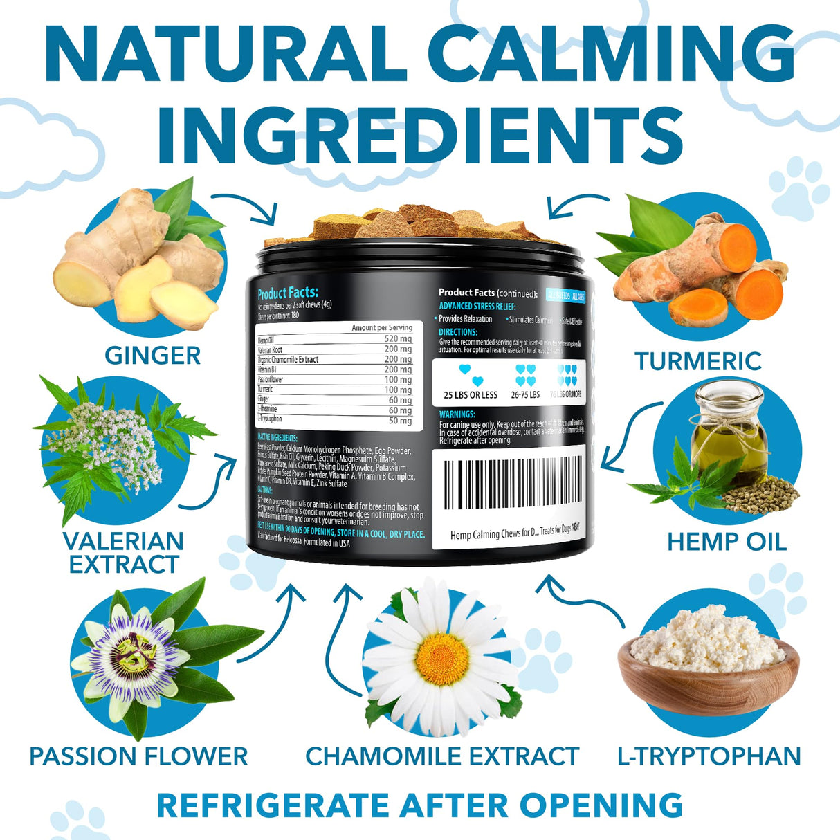 Hemp Calming Chews for Dogs with Anxiety and Stress - 180 Soft Dog Calming Treats - Dog Anxiety Relief - Storms, Fireworks, Thunder, Barking, Separation Aid - Valerian Root - L-Tryptophan - Hemp Oil