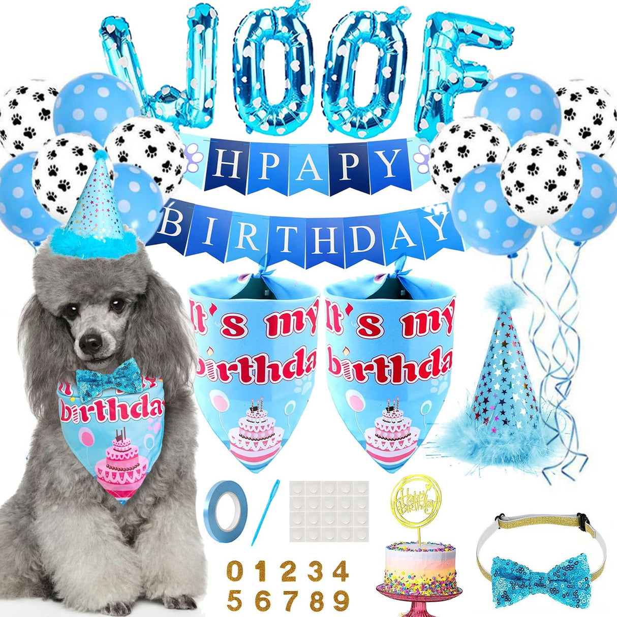 Floofelove 9Pcs Boy Gril Dog Birthday Decorations - Boy Dog Birthday Hat Party Supplies with Birthday for Dogs Hat Bandana Banner & Balloons Bow tie Outfits