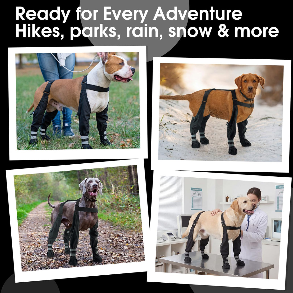 Pezluxe Dog Suspender Boots, Waterproof Anti-Slip Dog Rain Boots with Adjustable Strap for Small Medium Large Dogs, Reflective Paw Protector Pet Shoes for Outdoor Walking, Rain Snow Hiking, Black, L