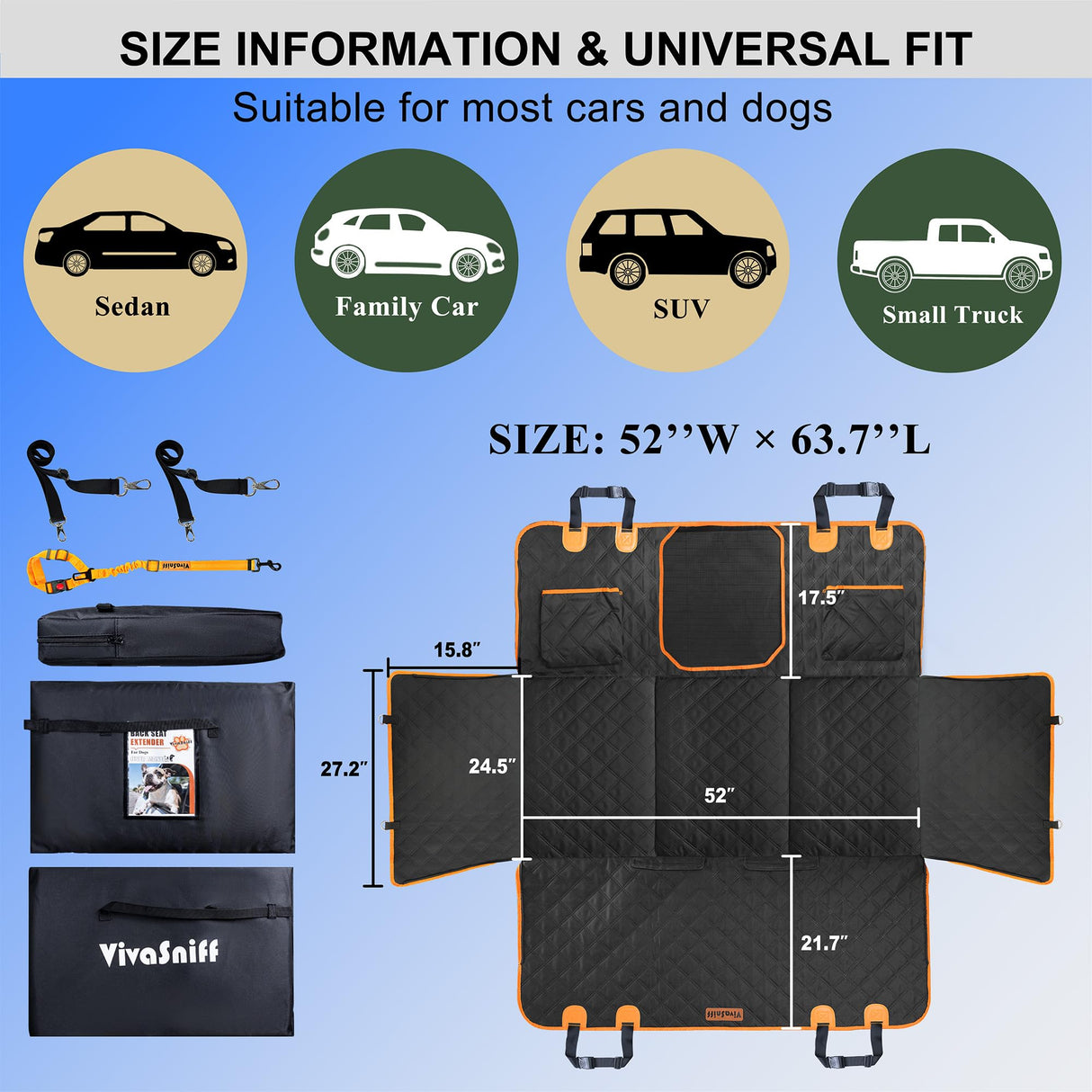 VIVASNIFF Hard Bottom Back Seat Extender for Dogs, Waterproof Dog Car Seat Cover, 420lb Support, 600D Heavy Duty Car Seat Protector Dog Hammock for Sedan, SUV, Small Truck(Black & Orange)