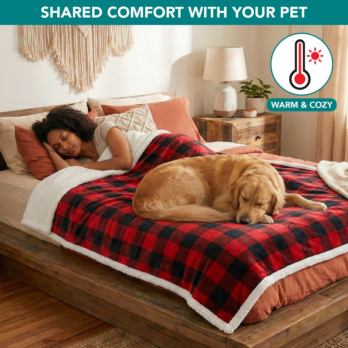 PetAmi Waterproof Dog Blanket for Medium Large XL Dog Puppy Cat Throw for Couch Cover Leakproof Protection, Sherpa Fleece, Reversible Soft Washable 80x60 Checker Plaid Red