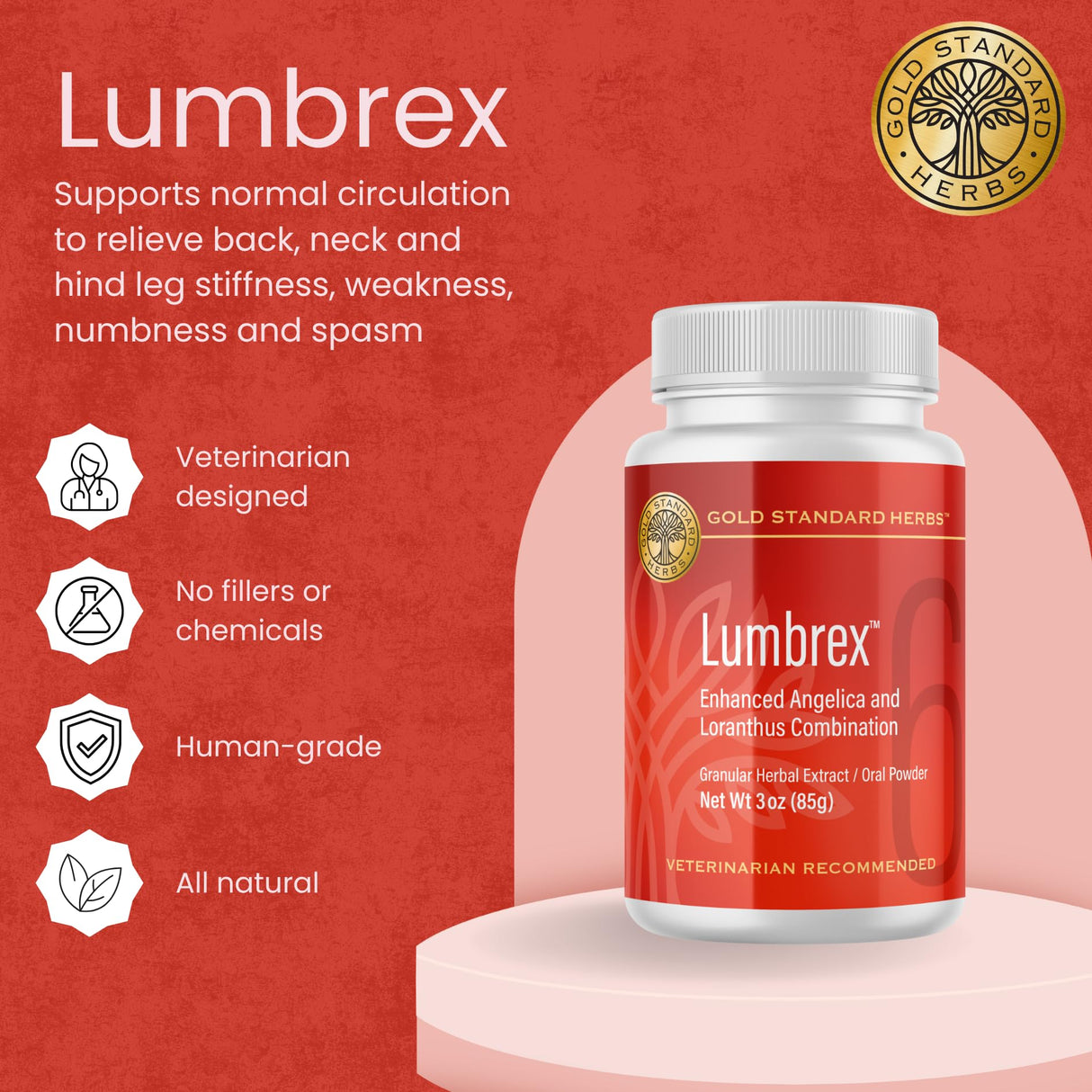 Lumbrex Joint Pain and Stiffness Relief for Dogs by Gold Standard Herbs, All Natural Angelica Root and Loranthus, 85 gram powder, White