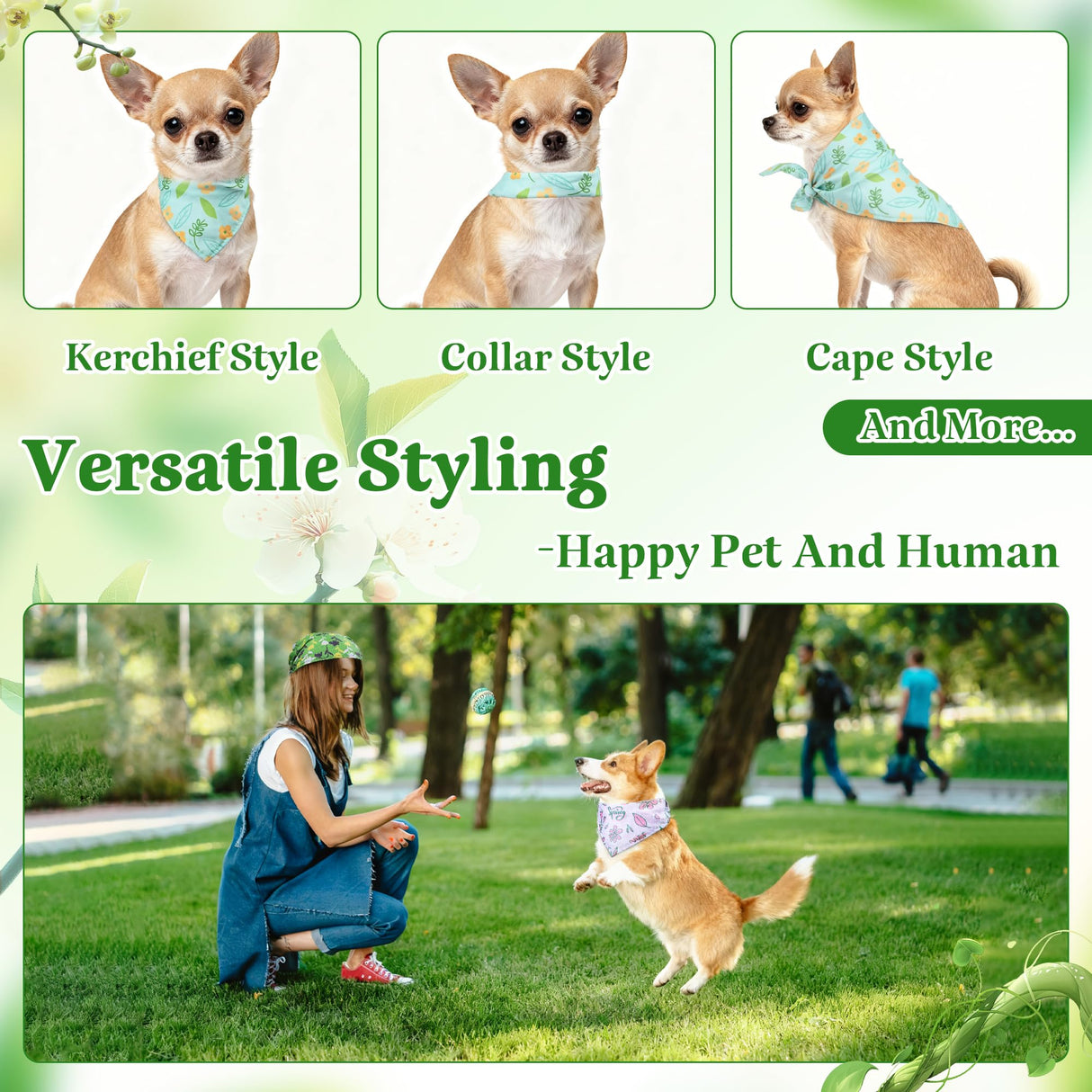 Cresue 200 Pcs Spring Dog Bandanas Bulk Floral Pet Scarves Fresh Adjustable Bibs for X-M-L Dogs Washable Seasonal Puppy Kerchief for Groomers Shelters