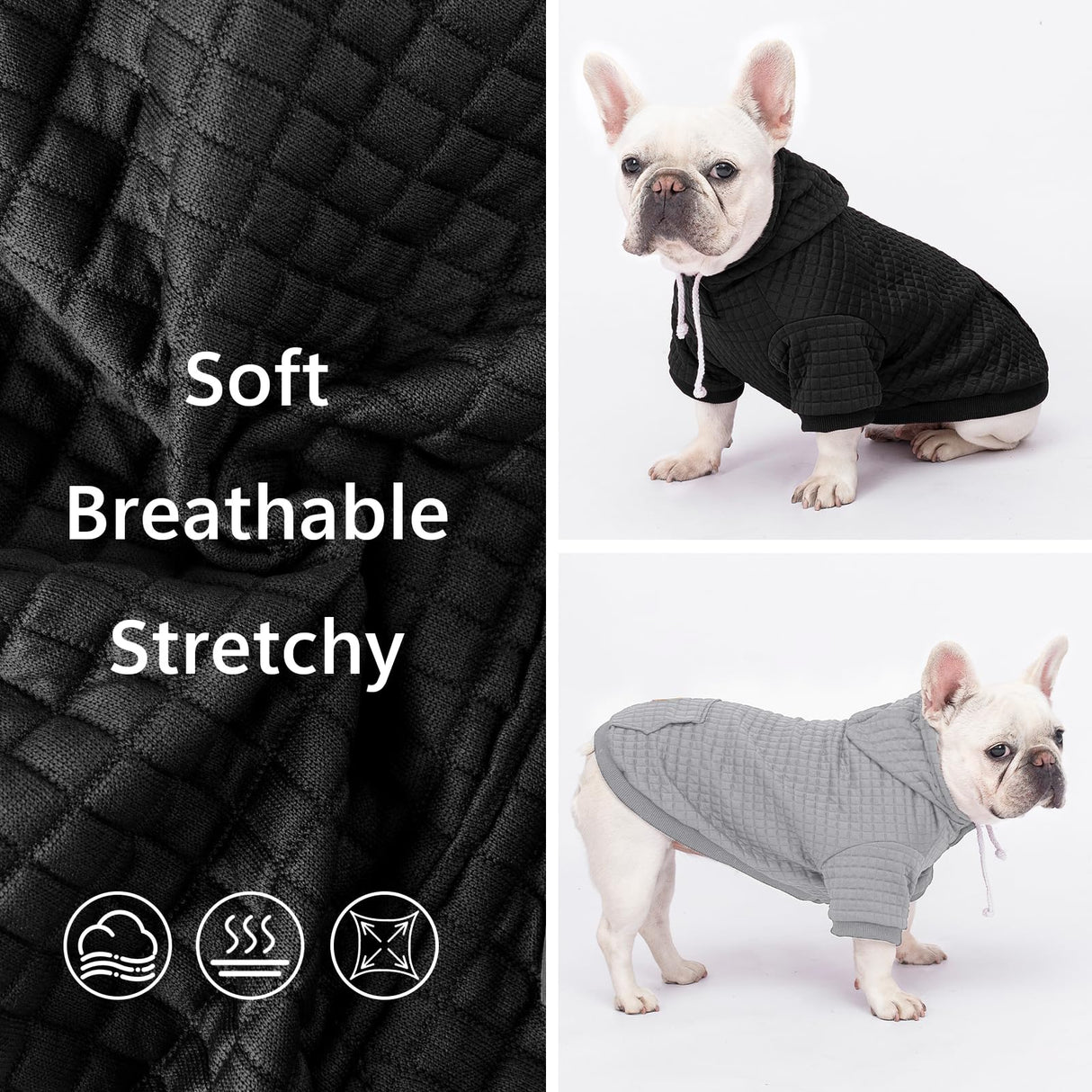 2 Pack Dog Hoodie Sweaters for Small Medium Dogs Warm Dog Clothes for Large Dogs Soft Waffle-Like Laminated Sweatshirt Bulldog (Black+Grey, M/L (Back: 17",Chest: 24.5", Neck: 14.5"))