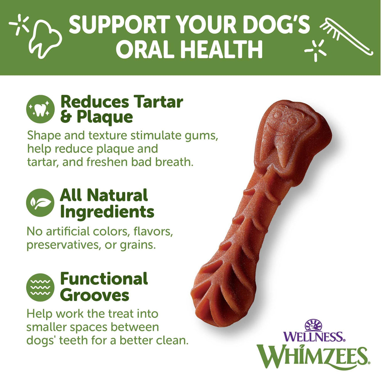 Whimzees Wellness Brushzees Dog Dental Treats, Small Size Stick, (24 Count)