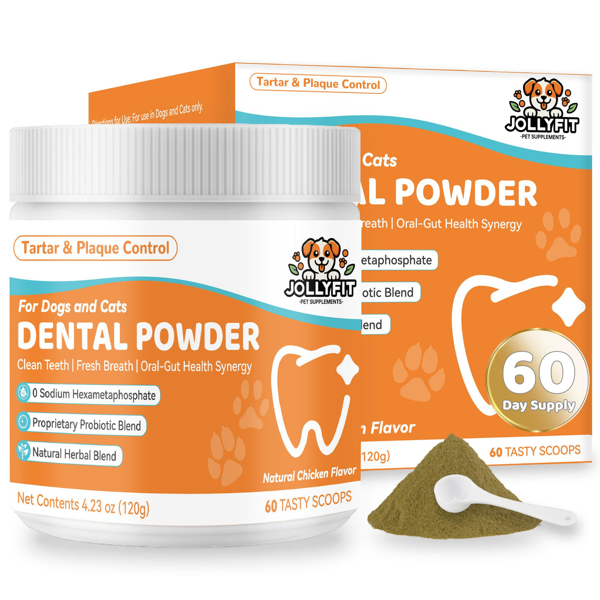 Dog Teeth Cleaning Powder - Natural Dog Dental Powder -Gentle Dog Breath Freshener, Dog Plaque and Tartar Remover, Vet Formulated No Sodium Hexametaphosphate- 60 Scoops, 4.23oz (120g)