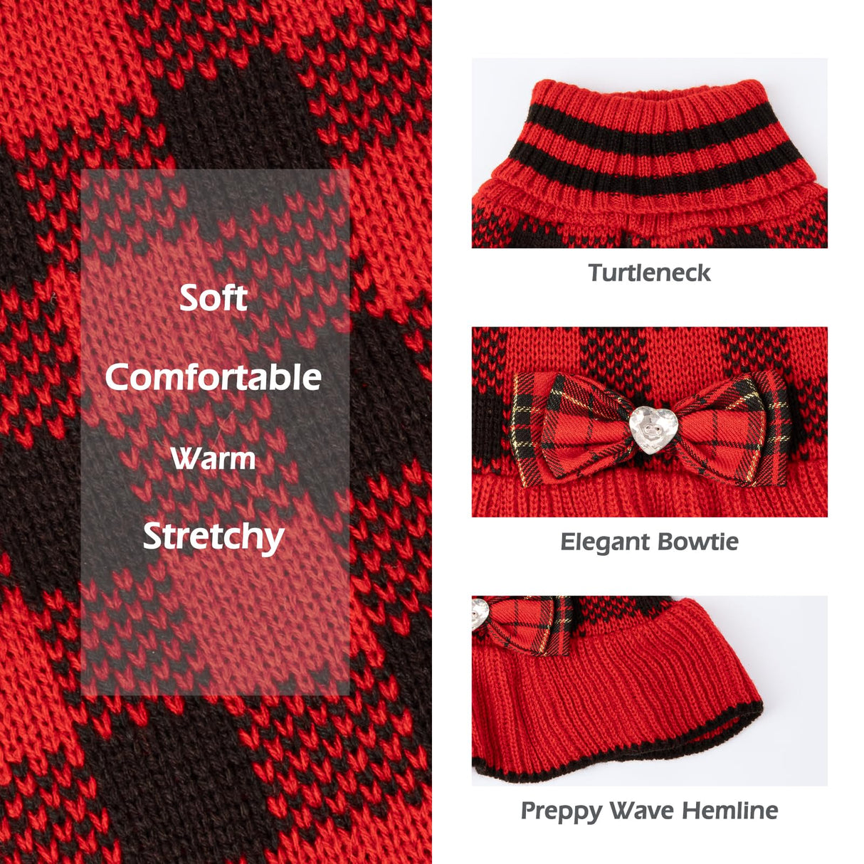 KYEESE Christmas Dog Sweater Dress for Medium Dogs with Leash Hole Classi Checkered Pet Sweaters Dog Christmas Outfit with BowtieTurtleneck Dogs Apparel for Winter, XXXL