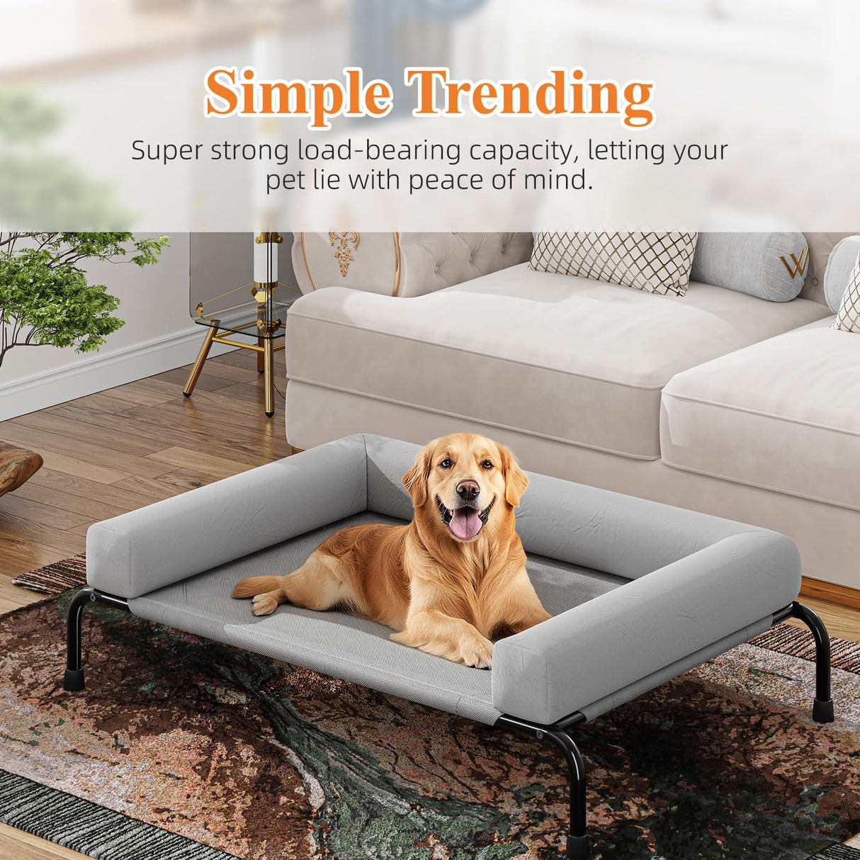Simple Trending Elevated Dog Bed for Large Dogs, Cooling Raised Dog Cot with Bolsters, Breathable Pet Bed for Outdoor, 47.75" x 31", Grey