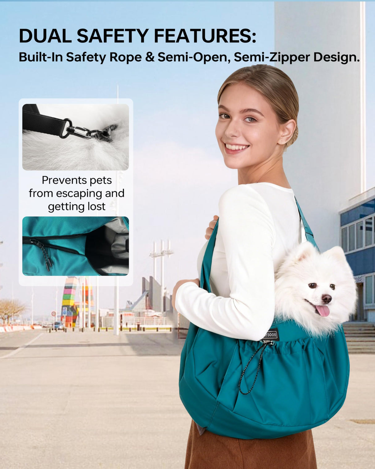 Puppy Sling Carrier for Small Dog-Widened and Thickened Shoulder Strap with Storage Pocket, Adjustable Hands-Free Small Dog Carrier Sling for Outdoor, Cat & Dog Sling Carrier 7-15 lbs,(Peacock Blue).