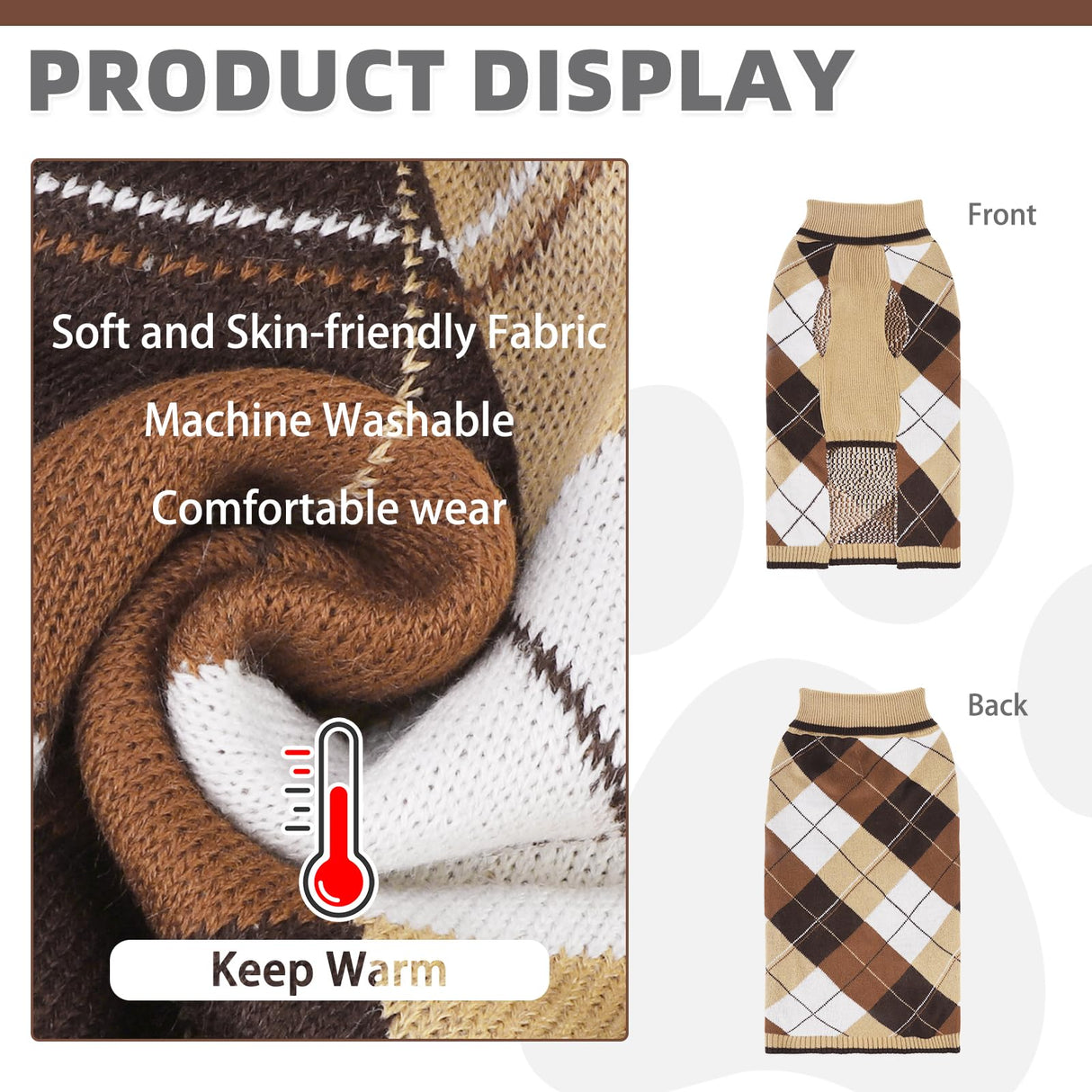 KOOLTAIL Dog Sweater Pet Knitted Clothes - Classic Plaid Pullover Turtleneck Thick Warm Fall Dog Sweaters with Leash Hole, Soft Winter Coats for Small Medium Large Dogs Cats Puppy Girls Boys, ML