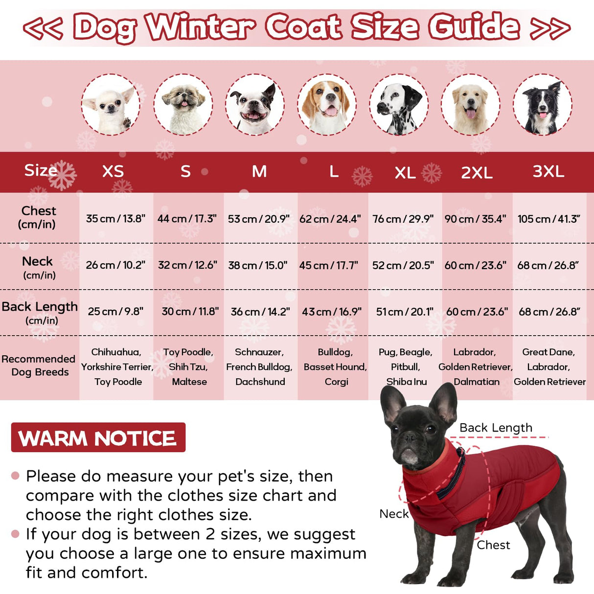 BRKURLEG Dog Winter Coat with Harness Built in, Warm Jacket for Small Medium and Large Dogs, Windproof Turtleneck Fleece Dogs Snowsuit with Hook & Loop, Reflective Christmas Dog Jacket, Red M