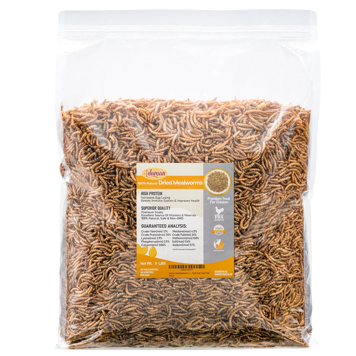 Adaman Dried Mealworms -5 LBS- 100% Natural High Protein Mealworms - Bulk Meal Worms for Blue Birds, Chickens, Ducks - Best Chicken Treats, Bird Food, Turtle Food