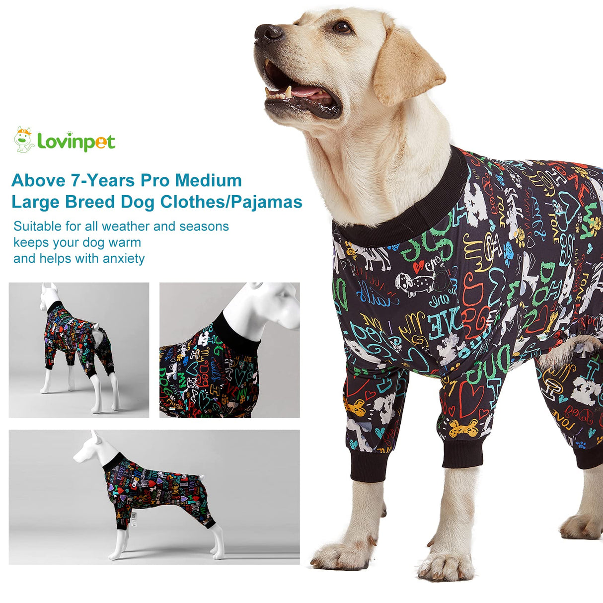 LovinPet Large Dog Pajamas, Wound Care/Post Surgery Shirt, UV Protection, Love My Dog Text on Black Print, UV Protection, Pet Anxiety Relief, Large Dog Onesies, Pet PJ's /3XL
