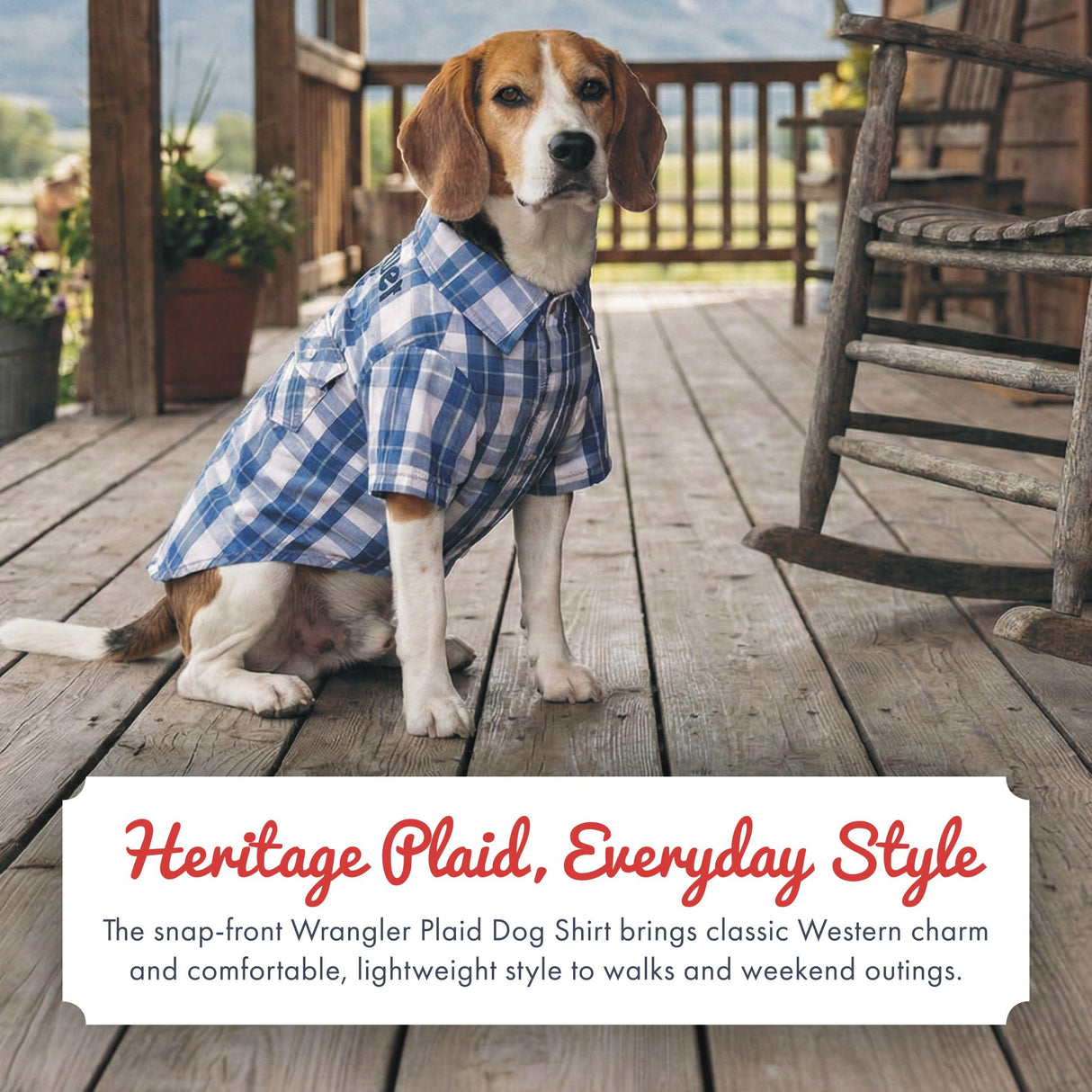 Wrangler Plaid Dog Shirt with Snap Pockets – Western Button Up Dog Clothes, Breathable Collared Dog Tee for Pets - Large Blue