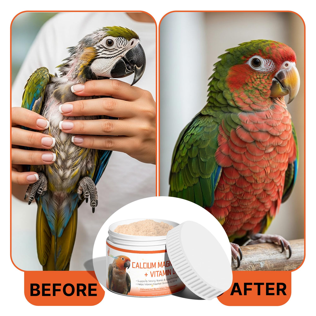 Calcium for Birds with Magnesium & Vitamins D3–Vet-Developed Formula for Parrots, Supports Strong Bones, Eggshell Health,Feather Growth,Muscle & Nerve Function,Dissolves Tasteless in Water,80 Servings