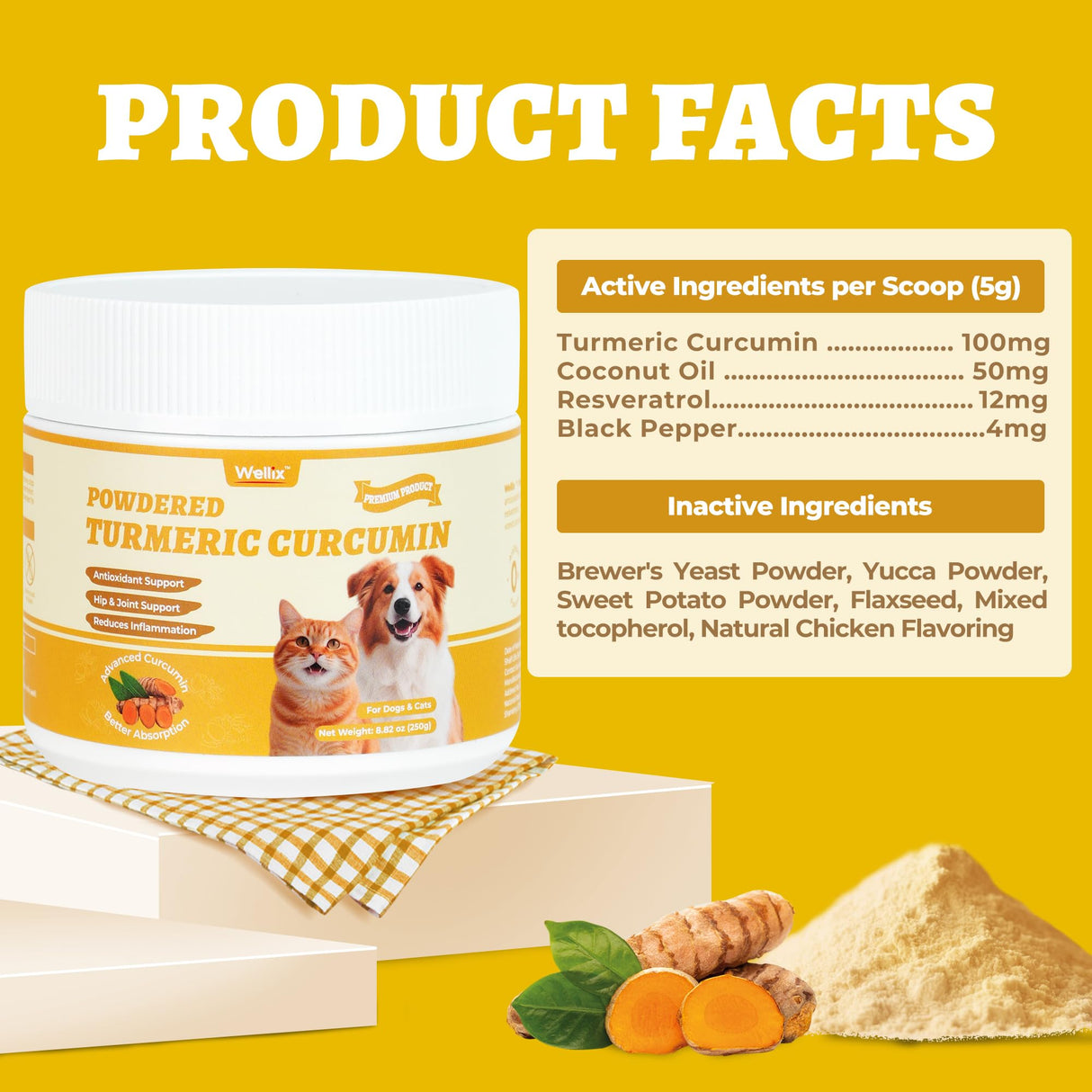 Wellix 250g Turmeric for Dogs & Cats - Long-Lasting Hip and Joint Supplement - Easy Absorb Natural Turmeric Powder for Dogs Pain Relief & Anti-inflammatory, Dog Cat Joint Supplement