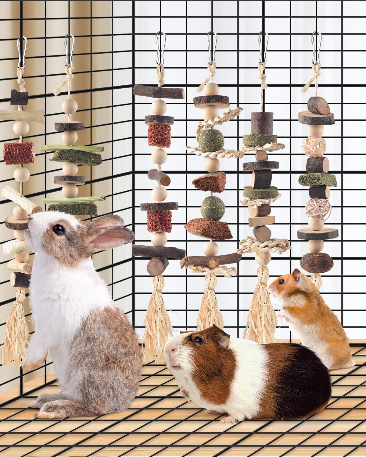 DBNESS 6PCS Bunny Chew Toys, Hamster Rabbit Cage Hanging Chew Toys, Natural Apple Wood Bunnies Treats, Improve Small Animal Teeth Health for Guinea Pig Chinchilla Ferret Rats Gerbil