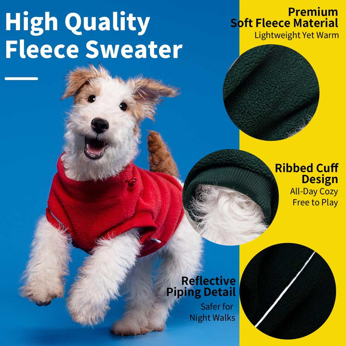 Fleece Dog Sweater for Small Dogs - Recycled Polyester Lightweight & Warm, with D-Ring, Reflective Strip & Adjustable Drawstring, Perfect for Toy Size Pups, Yorkie & Chihuahua(Red L)