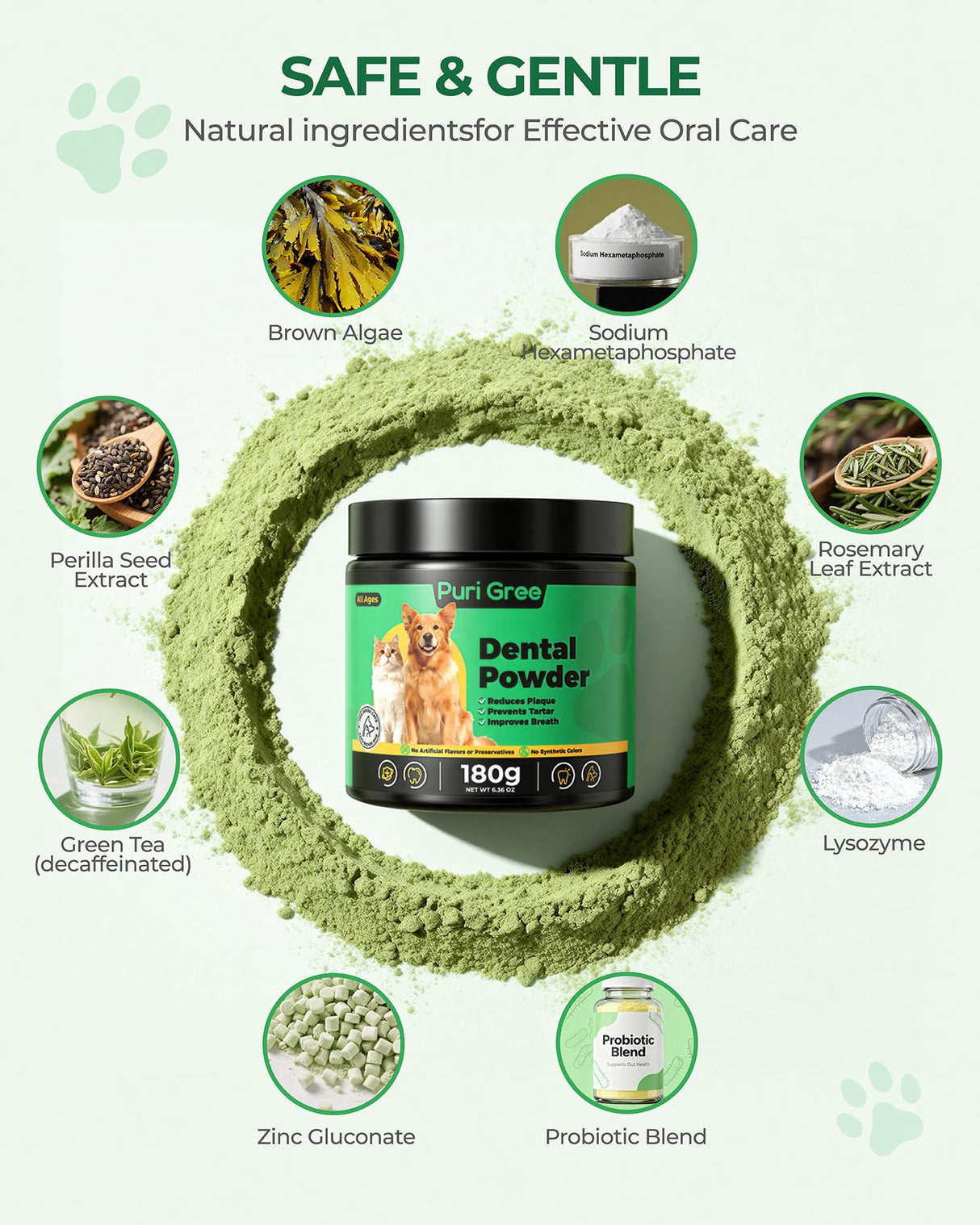 PuriGree Dog Dental Powder, Dog Teeth Natural Cleaning Powder, Dogs Breath Freshener, Enzymes & Probiotic with Plaque and Tartar Off, Pets Tooth Cleaning 180g/6.36 oz