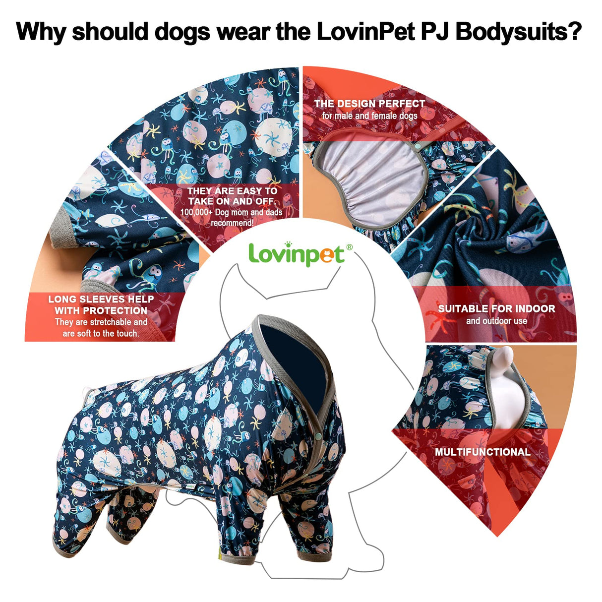 LovinPet Giant Dog Pajamas, Jellyfish and Starfish Deep Sea Print, Clothes for Dogs, Lightweight Pullover Large Puppy Pajamas, Large Breed Full Coverage Dog Jammies, Pet PJ's, 2XL