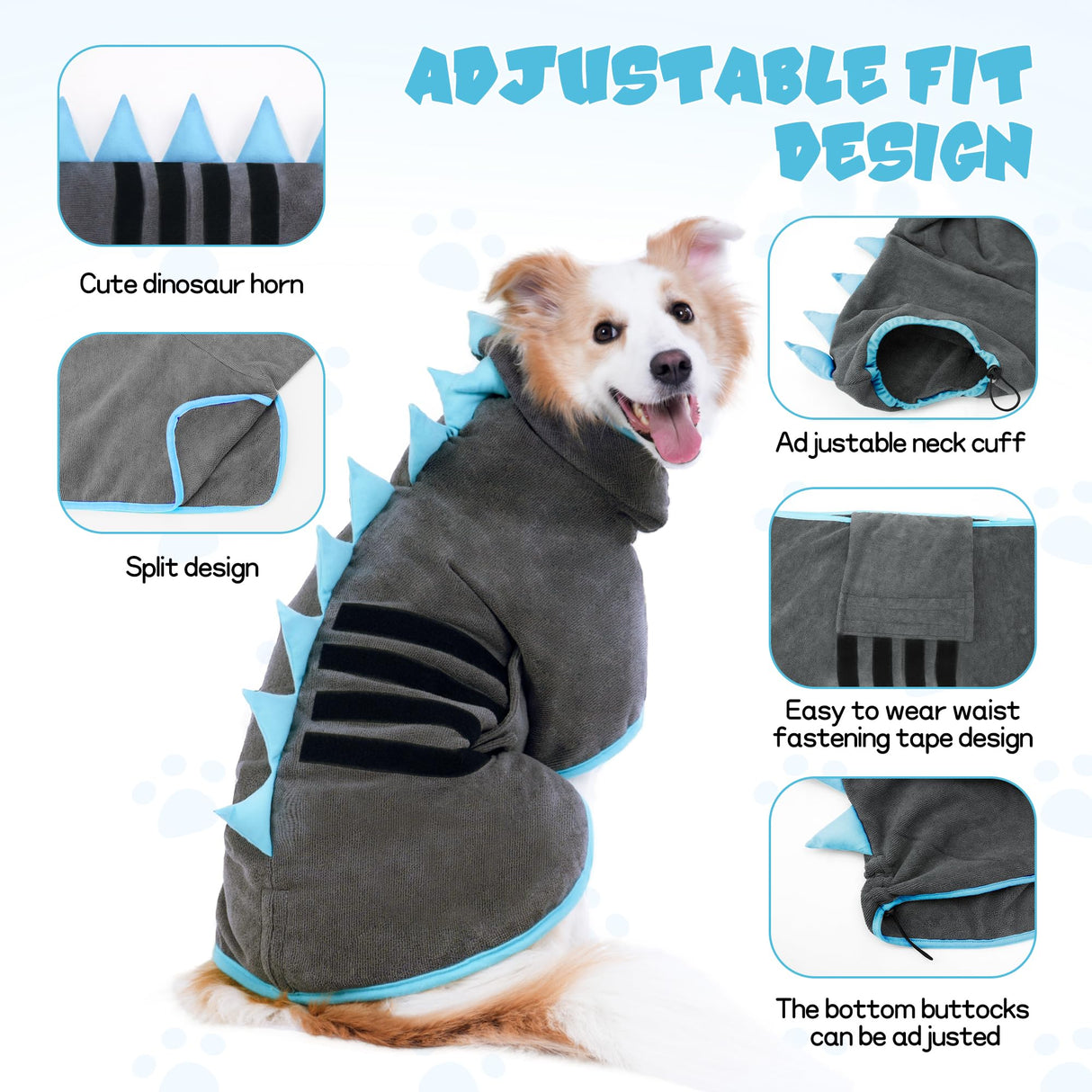 HezzLuv Super Absorbent Dog Bathrobe, Microfiber Bath Robe Towel for Fast Drying, Cozy Fit, Adjustable Belly Strap, Unique Dinosaur Design Dog Drying Coat for Bath, Rainy Walks & Cold Weather