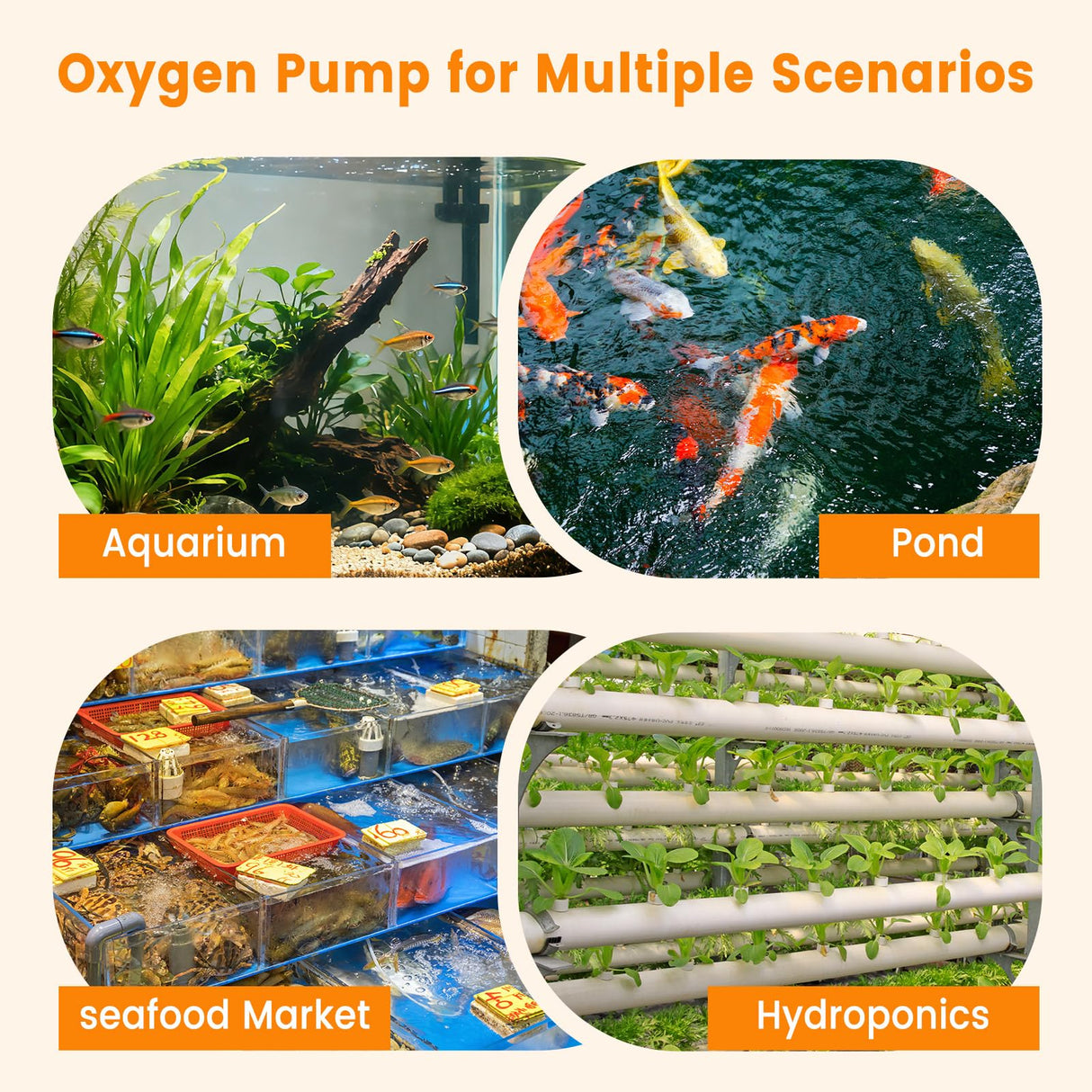 AQQA Powerful Aquarium Air Pump Adjustable Oxygen Aerator with 4 Air Outlets, All Accessories Included for Large Fish Tanks, Ponds & Hydroponic Systems, Commercial Use, Up to 600 Gal (12W, 257 GPH)