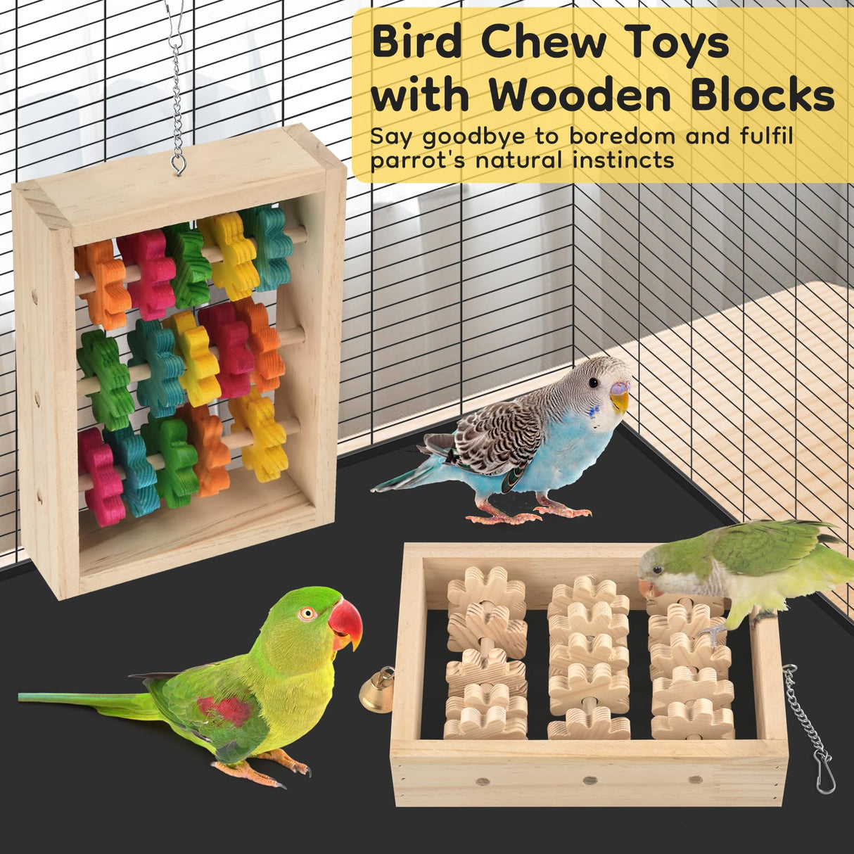 DBNESS 2Pcs Bird Toys, Hanging Parrot Chew Toy, Natural Wooden Chewing Puzzle Training Blocks Intellectual Development for Budgie, Conure, Lovebird, Cockatoo, African Grey, Amazon Parrots, Macaw