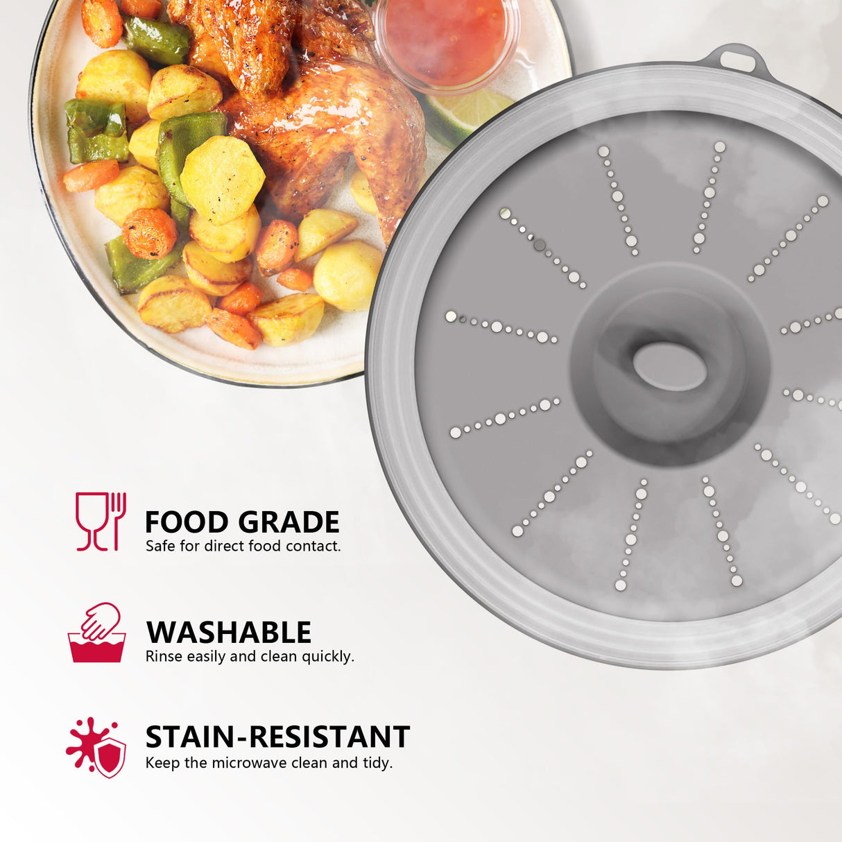 Microwave Splatter Cover Vented for Food with Hook Hole, Splatter Guard & Colander Kitchen Gadget for Food, Meal Prep, Grey