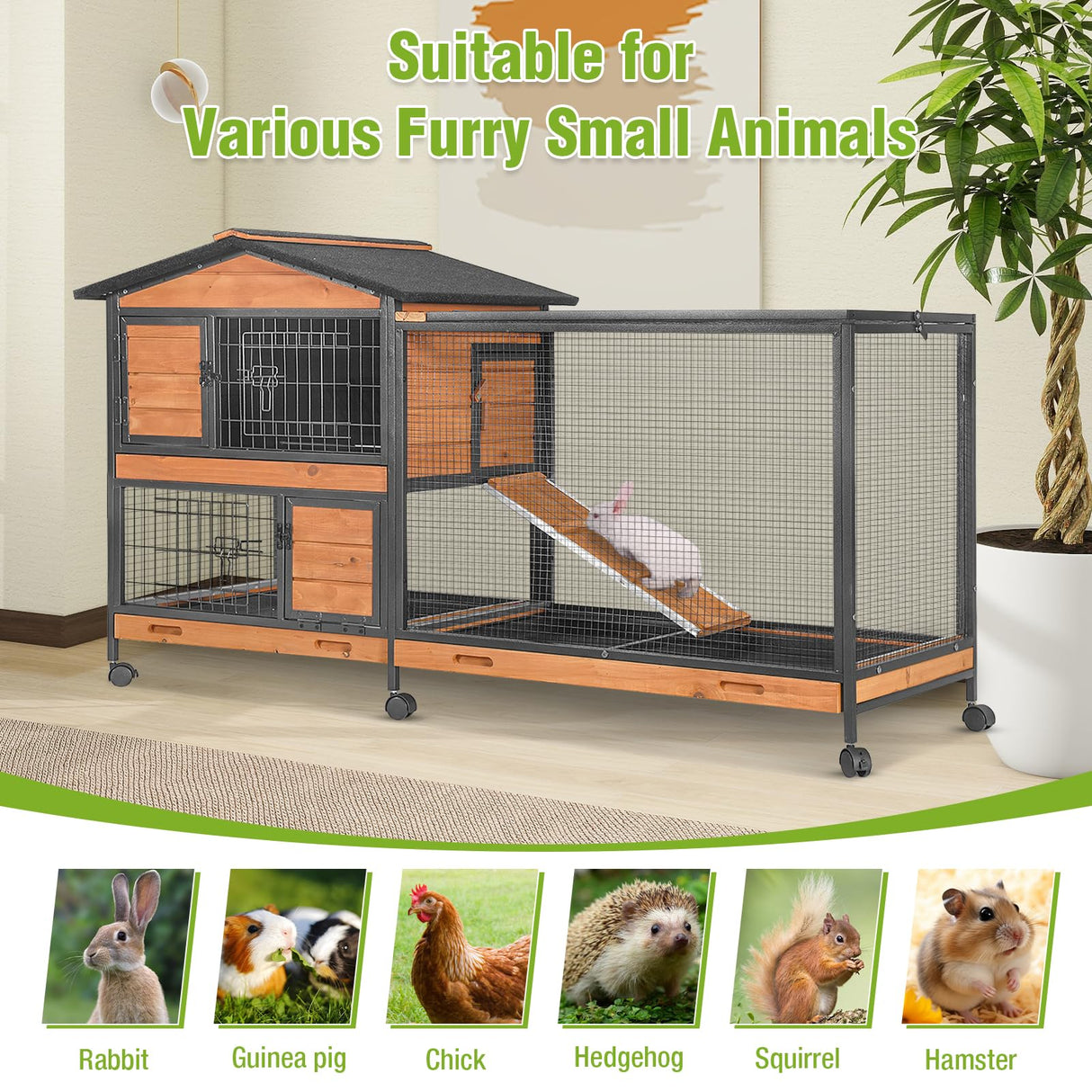 GUTINNEEN 2-Story Rabbit Hutch with Chew-Proof Full Metal Frame for Indoor/Outdoor - 62" Bunny Cage with 6 Locking Casters & 2 Pull-Out Trays for Rabbits, Guinea Pigs, Small Pets (Brown)